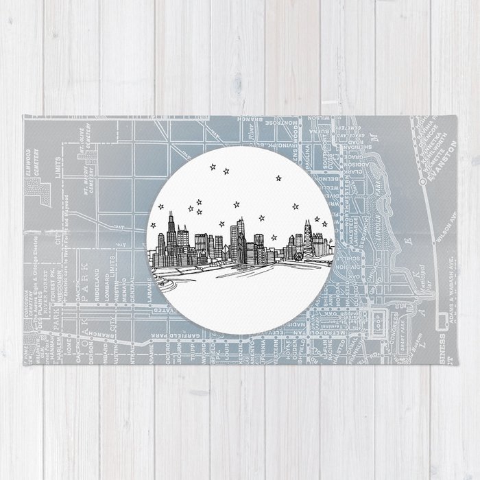 700x700 Chicago, Illinois City Skyline Illustration Drawing Rug - Chicago City Drawing