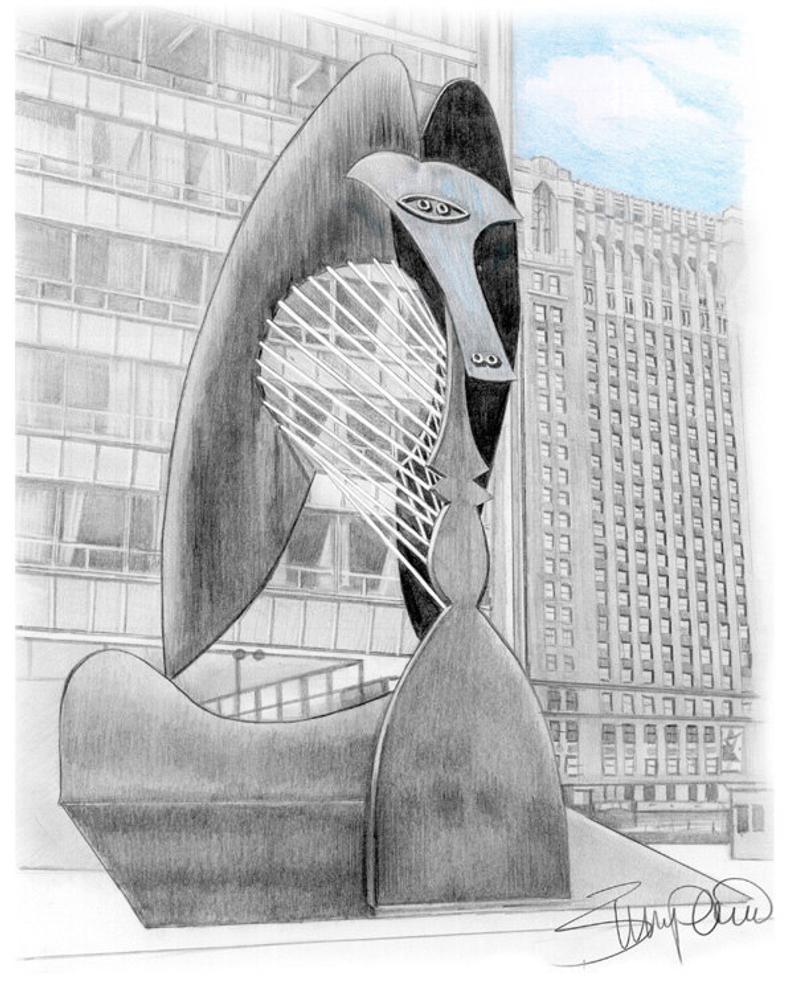 794x992 Chicago Picasso Statue Pencil Drawing Etsy - Chicago Drawing