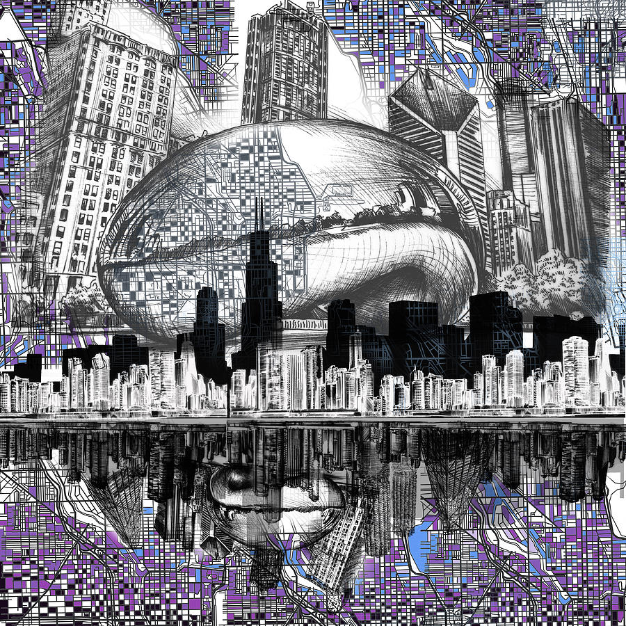 900x900 Chicago Skyline Drawing Collage Digital Art - Chicago Drawing