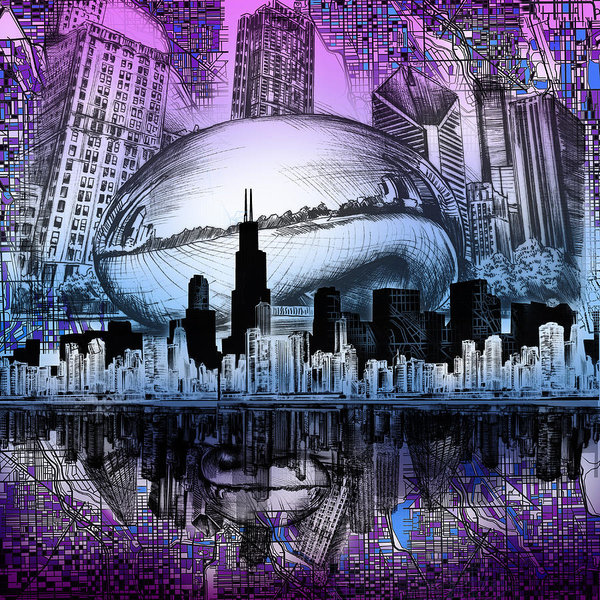 600x600 chicago skyline drawing collage poster - Chicago Skyline Drawing