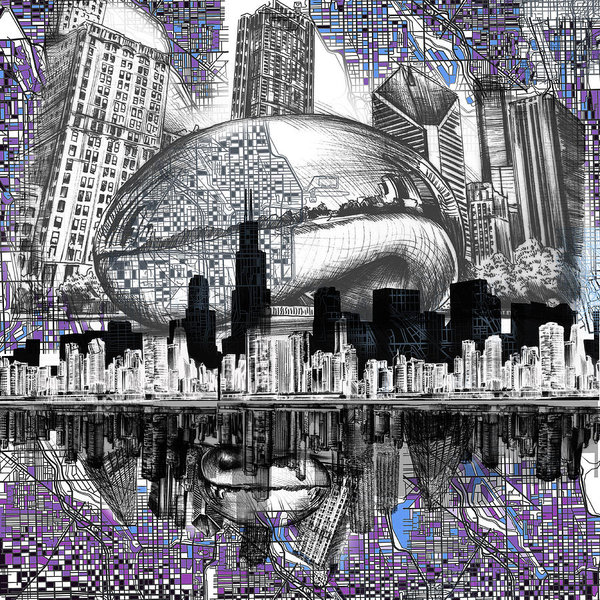 600x600 chicago skyline drawing collage poster - Chicago Skyline Drawing