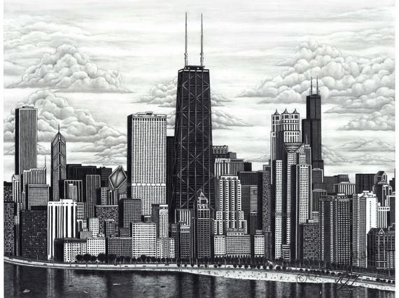 570x427 chicago skyline drawing direct from artist inch print etsy - Chicago Skyline Drawing
