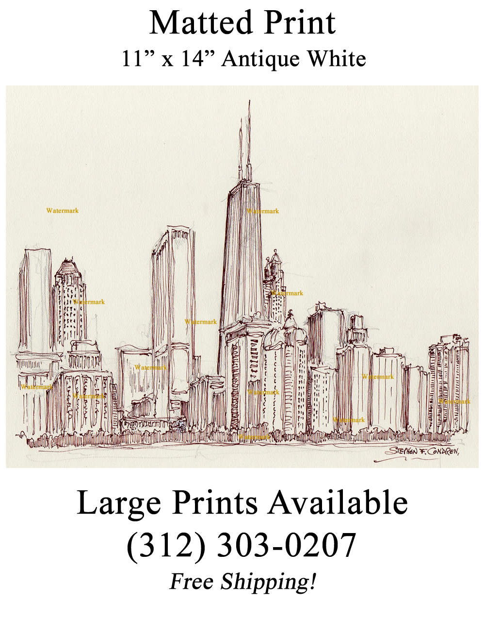 1000x1273 chicago skyline pen ink drawing of near north side in streeterville - Chicago Skyline Drawing