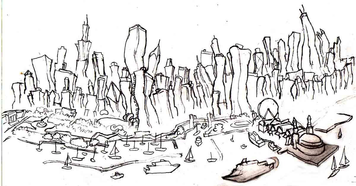 1200x627 chicago skyline original painting - Chicago Skyline Line Drawing