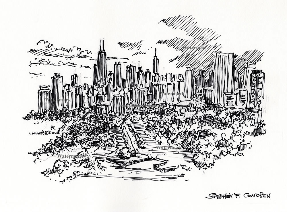 1000x738 chicago skyline pen ink drawing and prints condren galleries ltd - Chicago Skyline Line Drawing