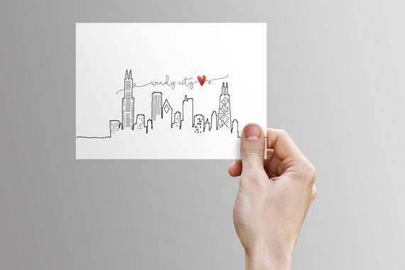 570x380 windy city love art print digital download line art hand etsy - Chicago Skyline Line Drawing