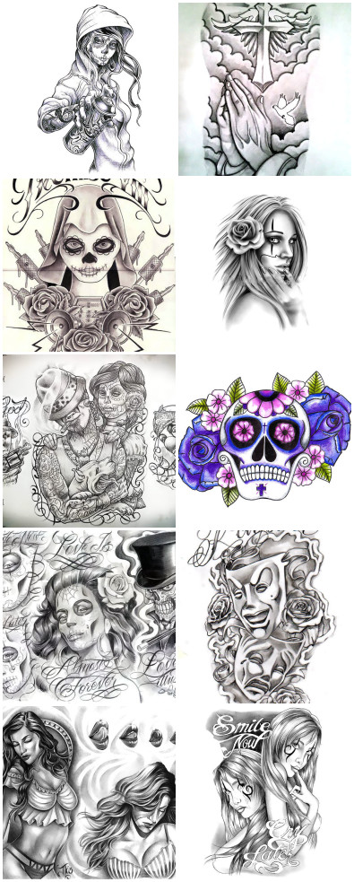 395x983 chicano art tattoo designs and flashes - Chicano Drawings