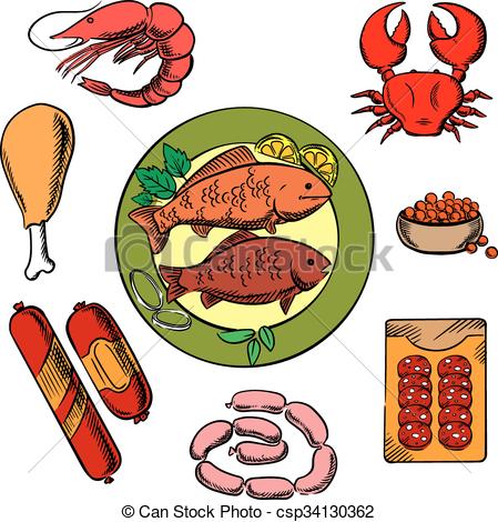 449x470 seafood, chicken and meat food icons with fish, crab, prawn - Chicken Food Drawing