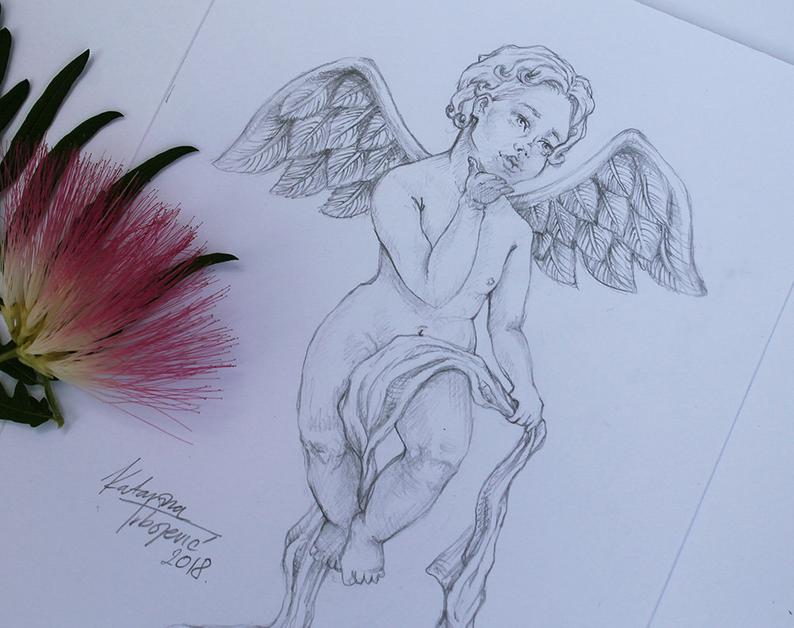 794x628 Child Angel Pencil Drawing Small Original Graphite Pencil Etsy - Child Angel Drawing