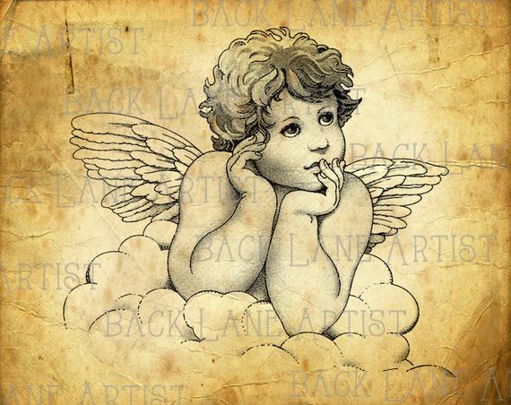 570x452 Vintage Baby Angel Clipart Lineart Illustration Instant Etsy - Child Angel Drawing