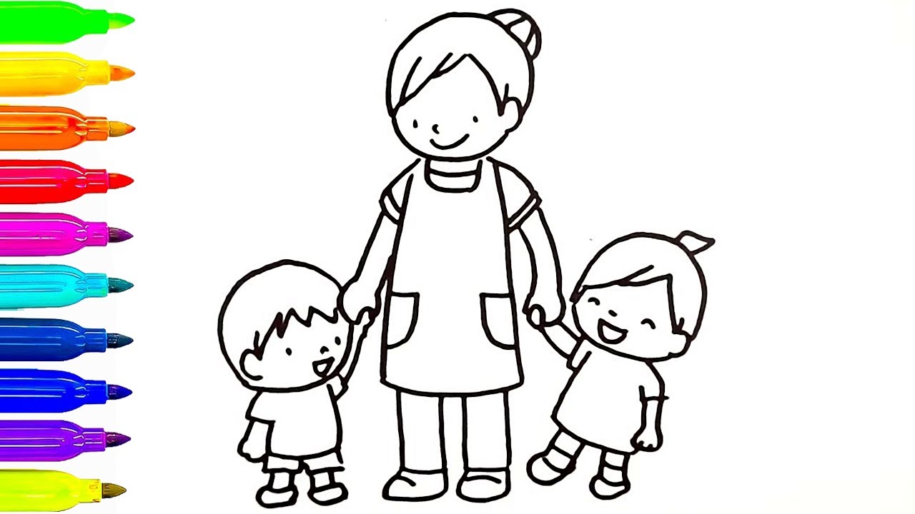 1280x720 Mom And Babies Drawing For Kids Coloring Books Learn Colors - Child Drawing Book