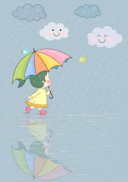 420x600 childhood drawing cute girl rainy day stylized design free vector - Childhood Drawing