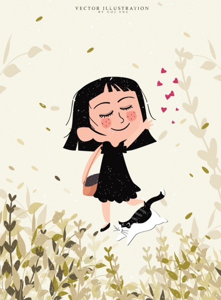 443x600 childhood drawing joyful girl cat leaves decoration free vector - Childhood Drawing