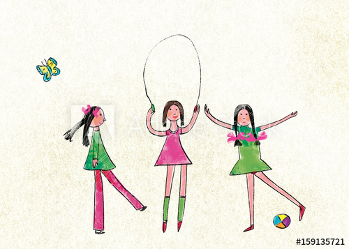 500x357 Summer Games For Children, Three Girls Jump Through The Rope - Children Drawing Games