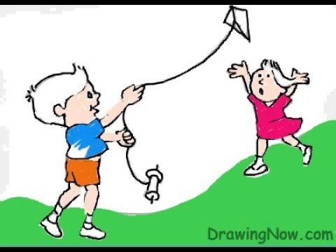 480x360 how to draw kids flying a kite - Children Flying Kite Drawing