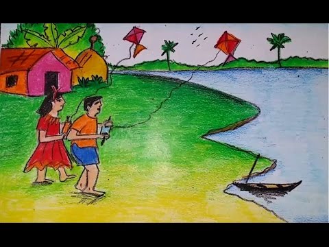 480x360 how to draw a scenery of kite flying step - Children Flying Kite Drawing