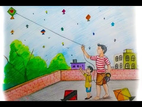 480x360 how to draw flying kite scenery step - Children Flying Kite Drawing