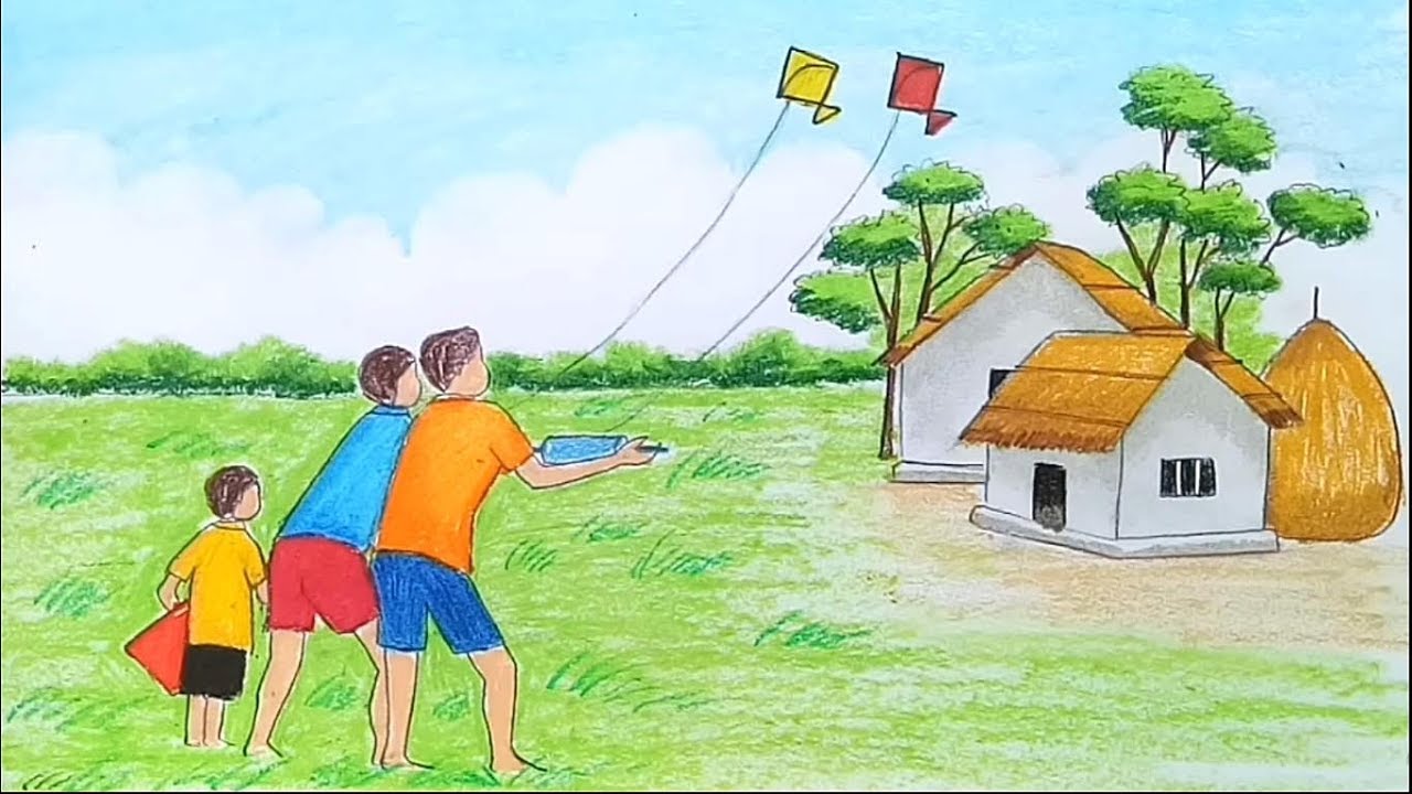 1280x720 how to draw scenery of kite flying step - Children Flying Kite Drawing