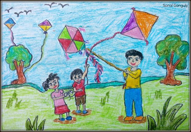 625x431 Incredible India Art - Children Flying Kite Drawing