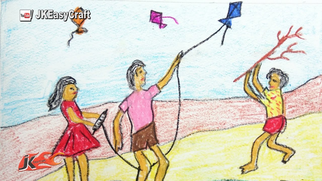 1280x720 Children Flying Kites Memory Drawing How To Draw School - Children Flying Kite Drawing