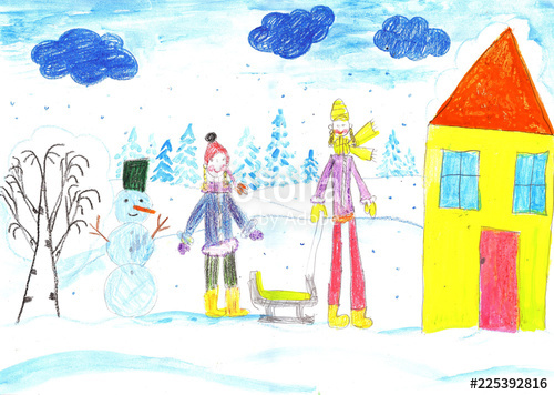 500x356 children playing, skiing and sledding make a snowman drawing kid - Children Playing Drawing