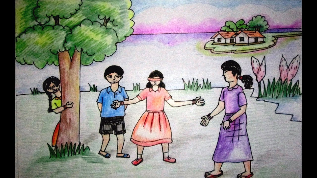 1280x720 Children Playing Drawing How To Draw Scenery Of Kids Play Step - Children Playing Drawing