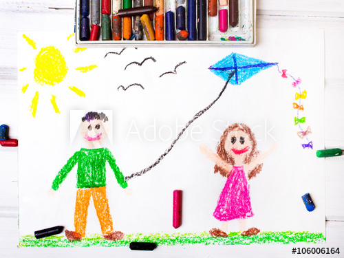 500x375 Colorful Drawing Children Playing With A Kite - Children Playing Drawing