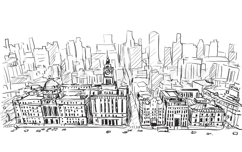 800x502 Sketch City Scape Of Shangh China, Stock Vector Colourbox - Chinese Building Drawing