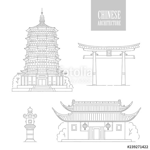 500x500 Vector Chinese Architecture Landmarks Oriental Buildings Black - Chinese Building Drawing