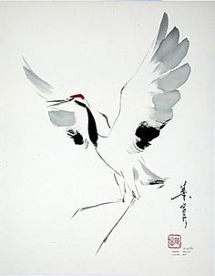 236x303 Cranes Watercolor Art, Japanese Painting - Chinese Crane Drawing