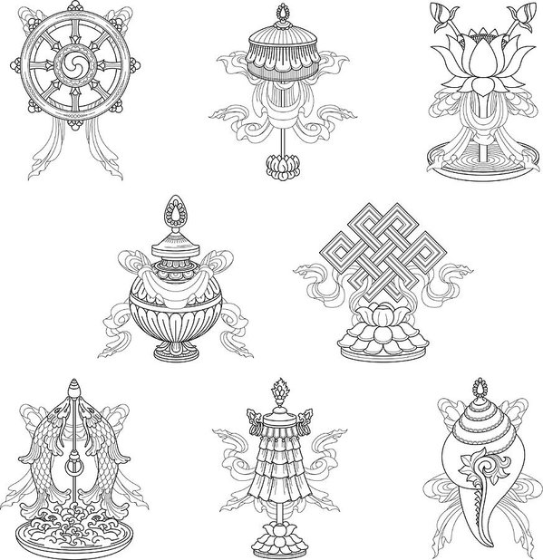 599x618 Eight Auspicious Signs Ashtamangala - Chinese Culture Drawing