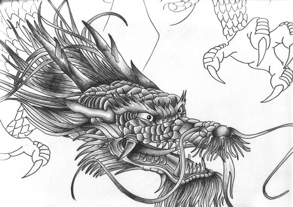 600x425 Black Ink Chinese Dragon Head Tattoo Design - Chinese Dragon Head Drawing