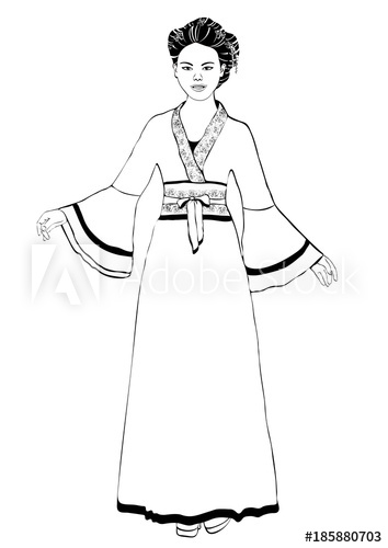354x500 Girl In Chinese National Costume Standing Front Side, Vector - Chinese Girl Drawing