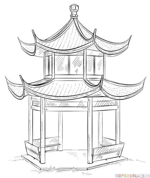 485x575 How To Draw How The Chinese Pagoda Step - Chinese House Drawing