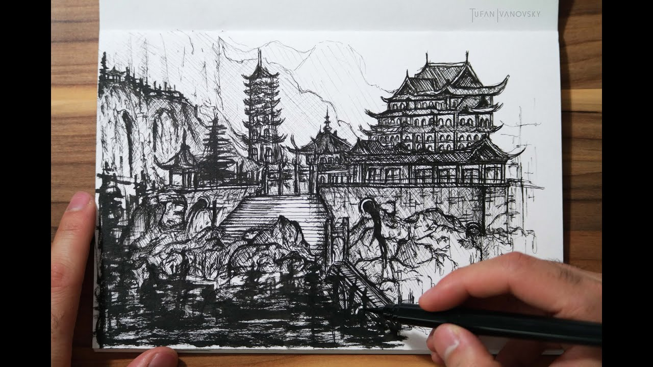 1280x720 Chinese Landscape Pencil Drawing And Speed Drawing - Chinese Landscape Drawing