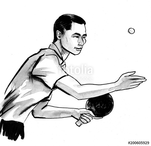 500x483 ink black and white drawing of a chinese man playing ping pong - Chinese Man Drawing