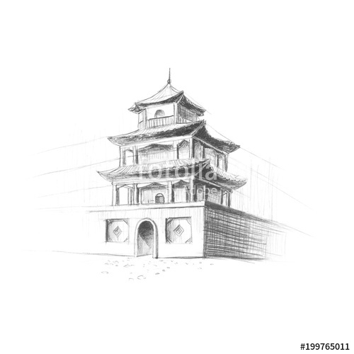 500x500 chinese pagoda painted with a pencil hand drawn close up - Chinese Pagoda Drawing