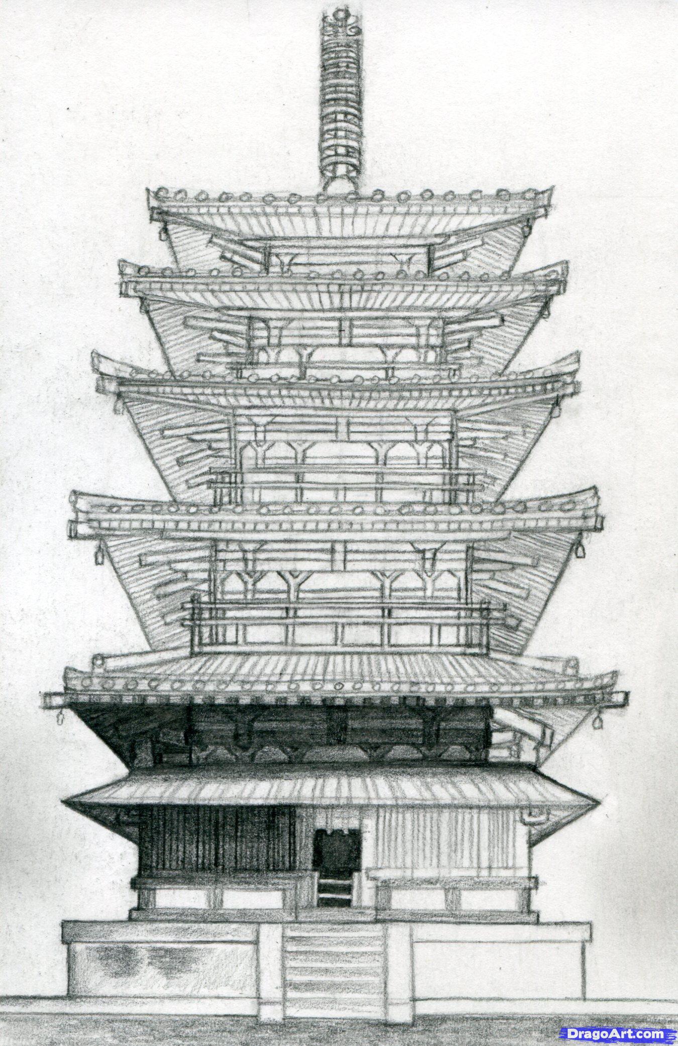 1350x2082 how to draw a pagoda, japanese pagoda, step - Chinese Pagoda Drawing