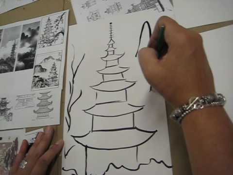 480x360 Chinese Brush Painting - Chinese Pagoda Drawing