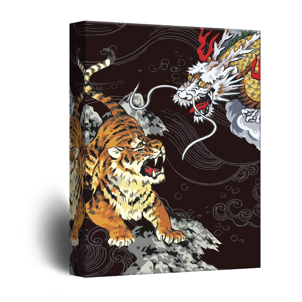 1000x1000 Drawing Of An Angry Tiger And A Chinese Dragon On Black Background - Chinese Tiger Drawing