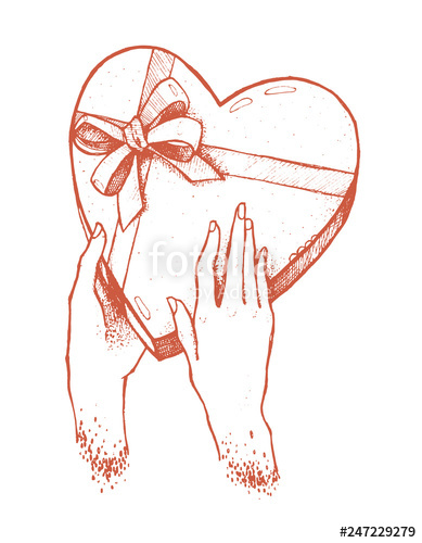 389x500 The Female Hands Holding The Chocolate Box In A Form Of Heart - Chocolate Box Drawing