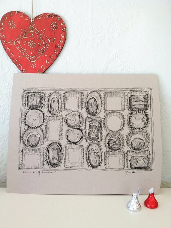570x759 Valentines Box Of Chocolates Original Penampink Drawing On Charcoal - Chocolate Box Drawing