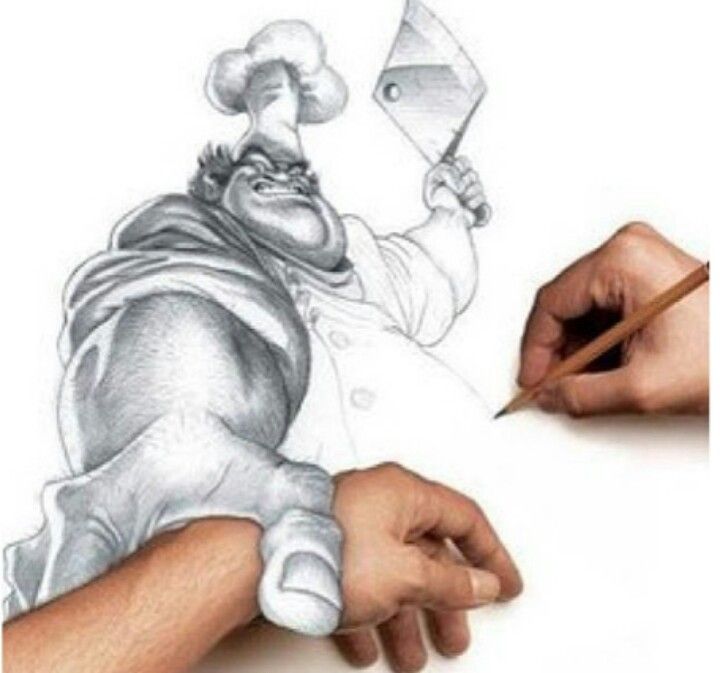 720x673 drawing of a butcher with meat cleaver hoding artist arm - Chop Drawing