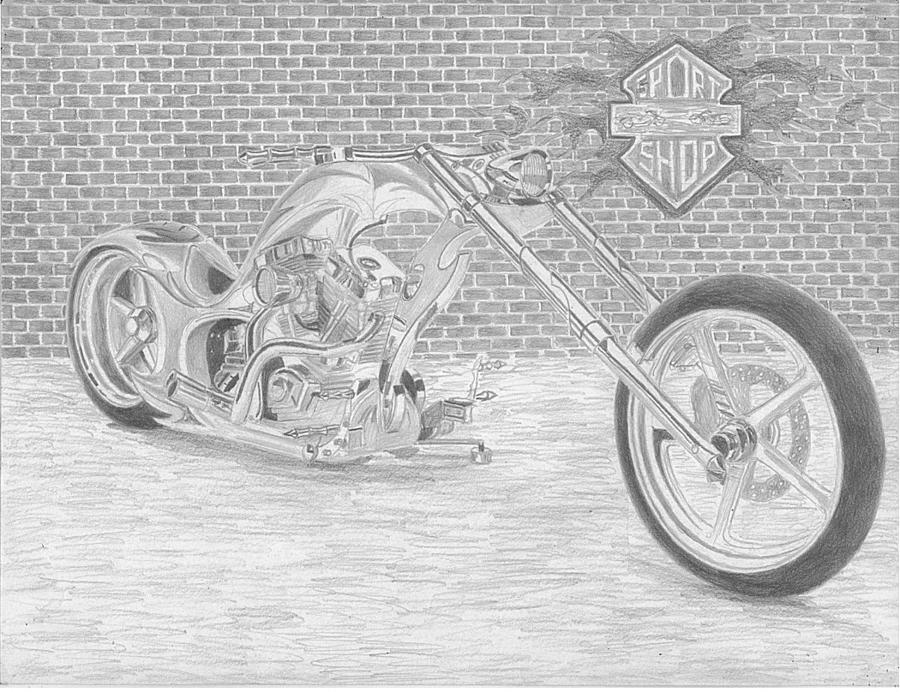 900x692 harley davidson custom chopper motorcycle art print drawing - Chopper Drawing