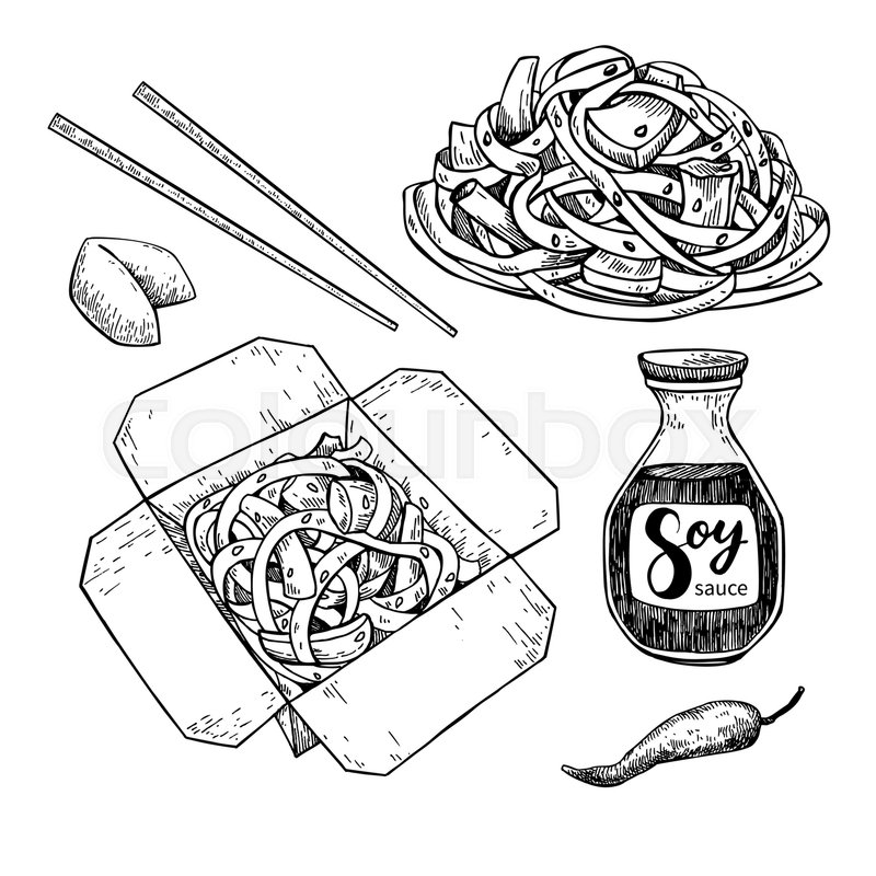 800x800 Wok Vector Drawing Set Isolated Stock Vector Colourbox - Chopsticks Drawing