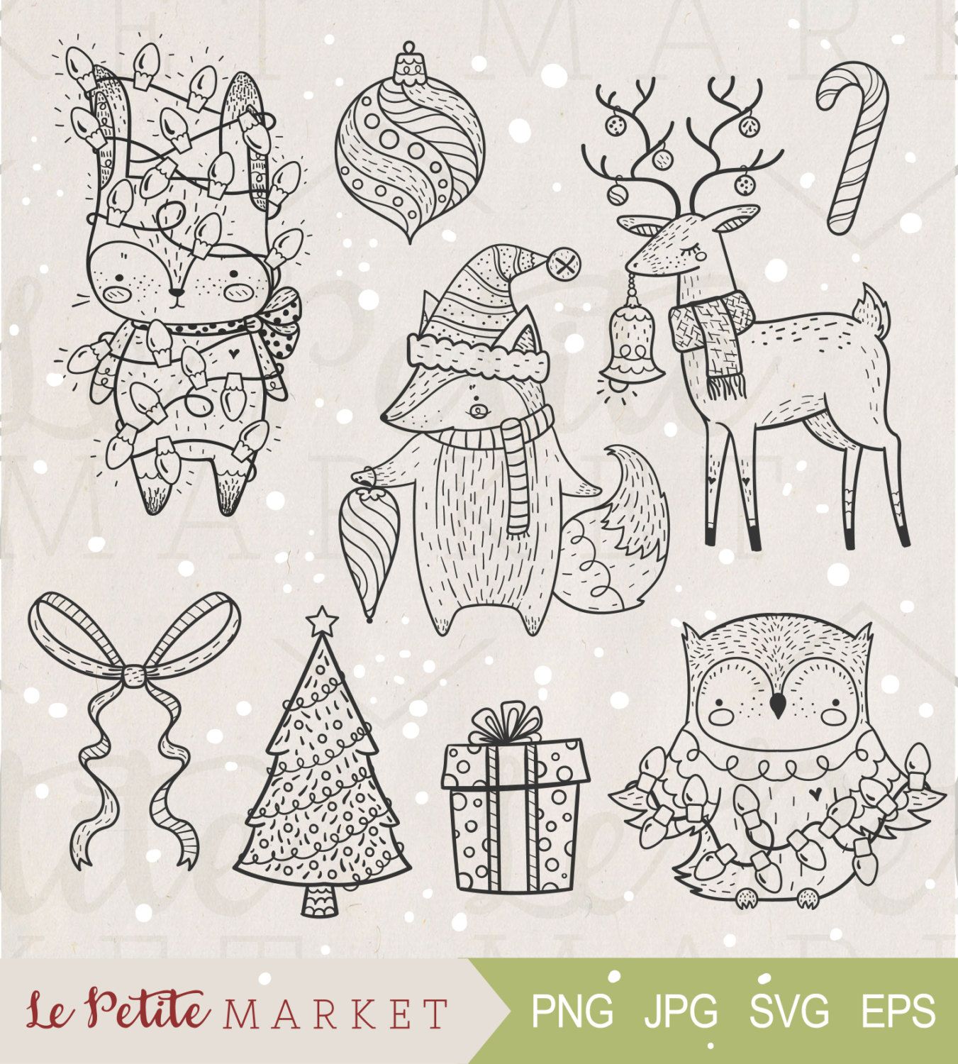 1351x1500 cute hand drawn woodland animals holiday clip art set, woodland - Christmas Animals Drawings