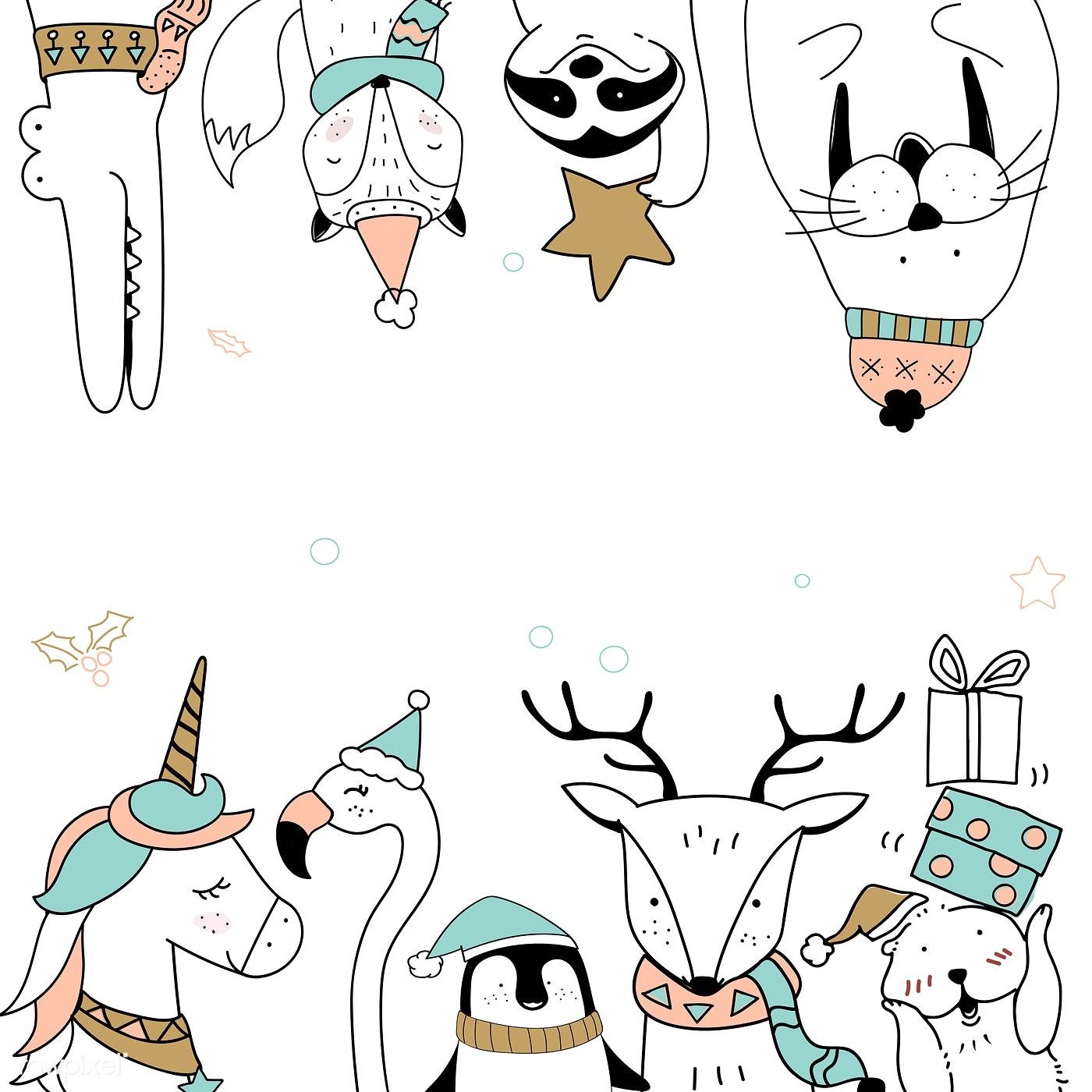 1400x1400 hand drawn animals enjoying a christmas holiday free image - Christmas Animals Drawings