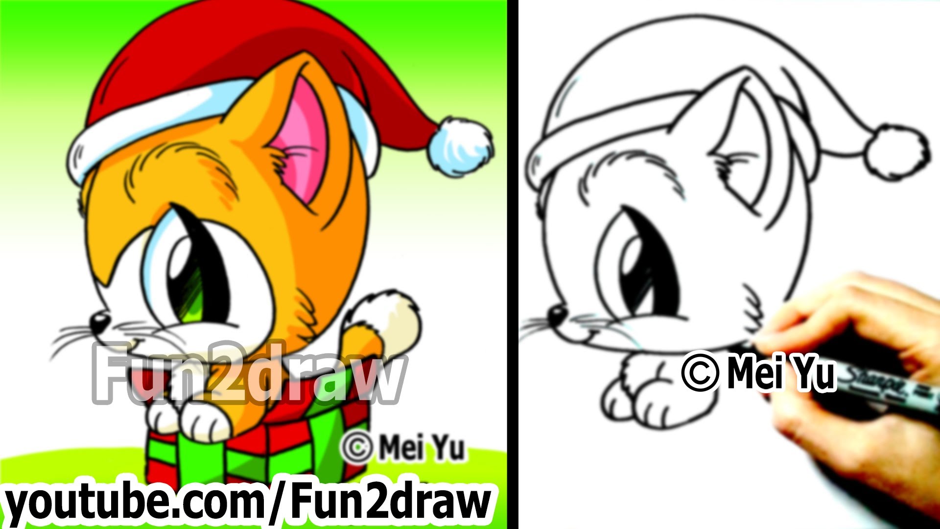 1920x1080 How To Draw Christmas Cartoons How To Draw A Santa Kitty Cat - Christmas Animals Drawings