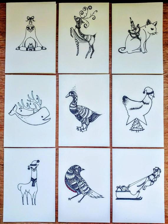 570x758 Multi Christmas Card Packsmandala Animalsprintshand Etsy - Christmas Animals Drawings