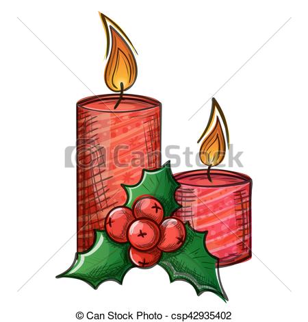 450x470 Colorful Sketch Of Christmas Candle And Holly On White Background - Christmas Candle Drawing